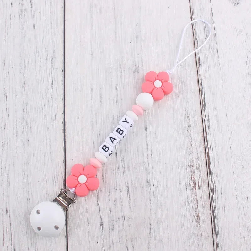 Baby Pacifier Clips Personalized Name Flower Dummy Nipple Holder BPA Free Silicone Clip Chain Teething Toy Pacifiers Accessories