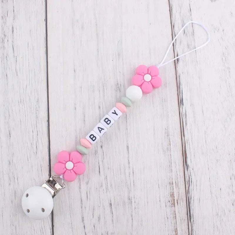 Baby Pacifier Clips Personalized Name Flower Dummy Nipple Holder BPA Free Silicone Clip Chain Teething Toy Pacifiers Accessories