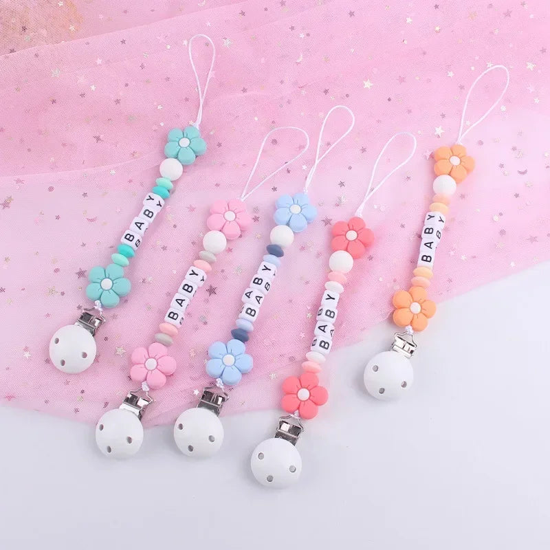 Baby Pacifier Clips Personalized Name Flower Dummy Nipple Holder BPA Free Silicone Clip Chain Teething Toy Pacifiers Accessories