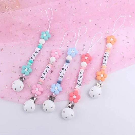 Baby Pacifier Clips Personalized Name Flower Dummy Nipple Holder BPA Free Silicone Clip Chain Teething Toy Pacifiers Accessories