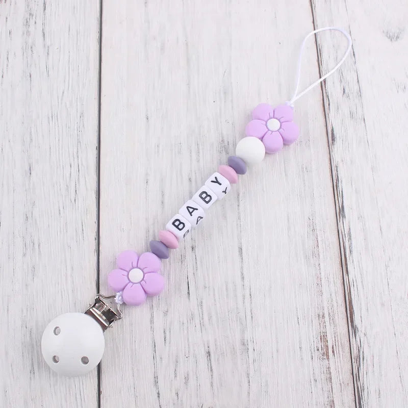 Baby Pacifier Clips Personalized Name Flower Dummy Nipple Holder BPA Free Silicone Clip Chain Teething Toy Pacifiers Accessories