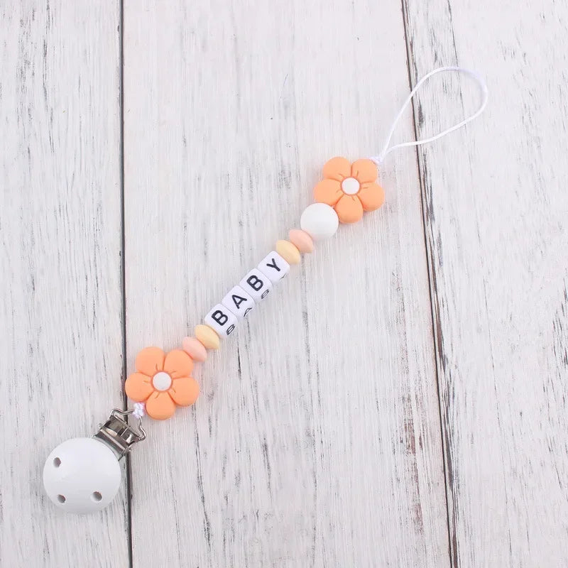 Baby Pacifier Clips Personalized Name Flower Dummy Nipple Holder BPA Free Silicone Clip Chain Teething Toy Pacifiers Accessories