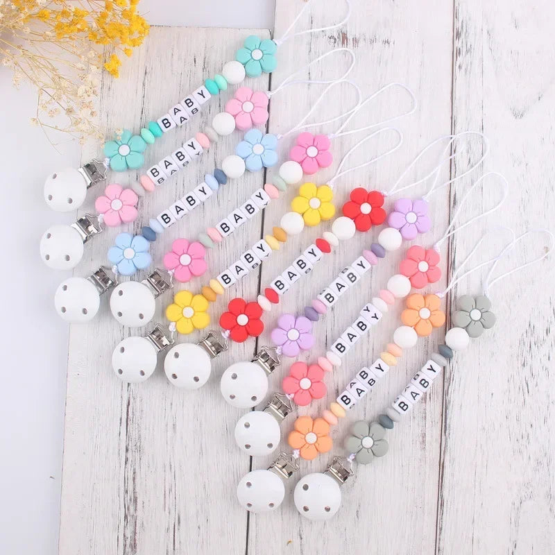 Baby Pacifier Clips Personalized Name Flower Dummy Nipple Holder BPA Free Silicone Clip Chain Teething Toy Pacifiers Accessories