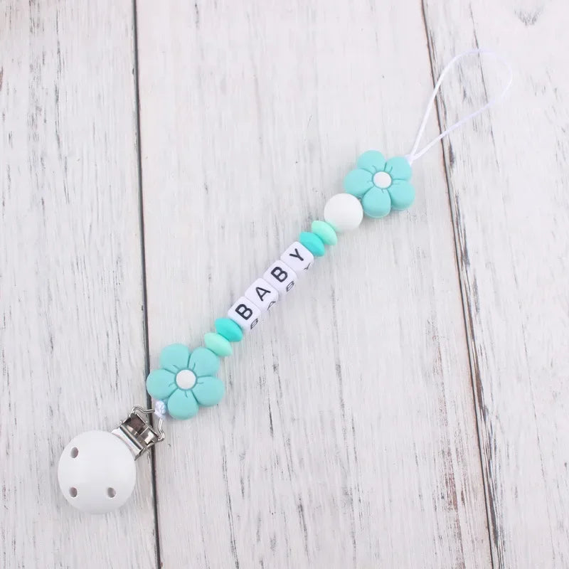 Baby Pacifier Clips Personalized Name Flower Dummy Nipple Holder BPA Free Silicone Clip Chain Teething Toy Pacifiers Accessories