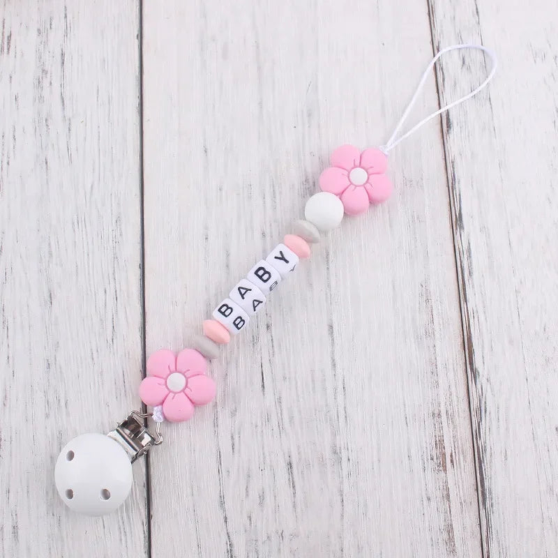 Baby Pacifier Clips Personalized Name Flower Dummy Nipple Holder BPA Free Silicone Clip Chain Teething Toy Pacifiers Accessories